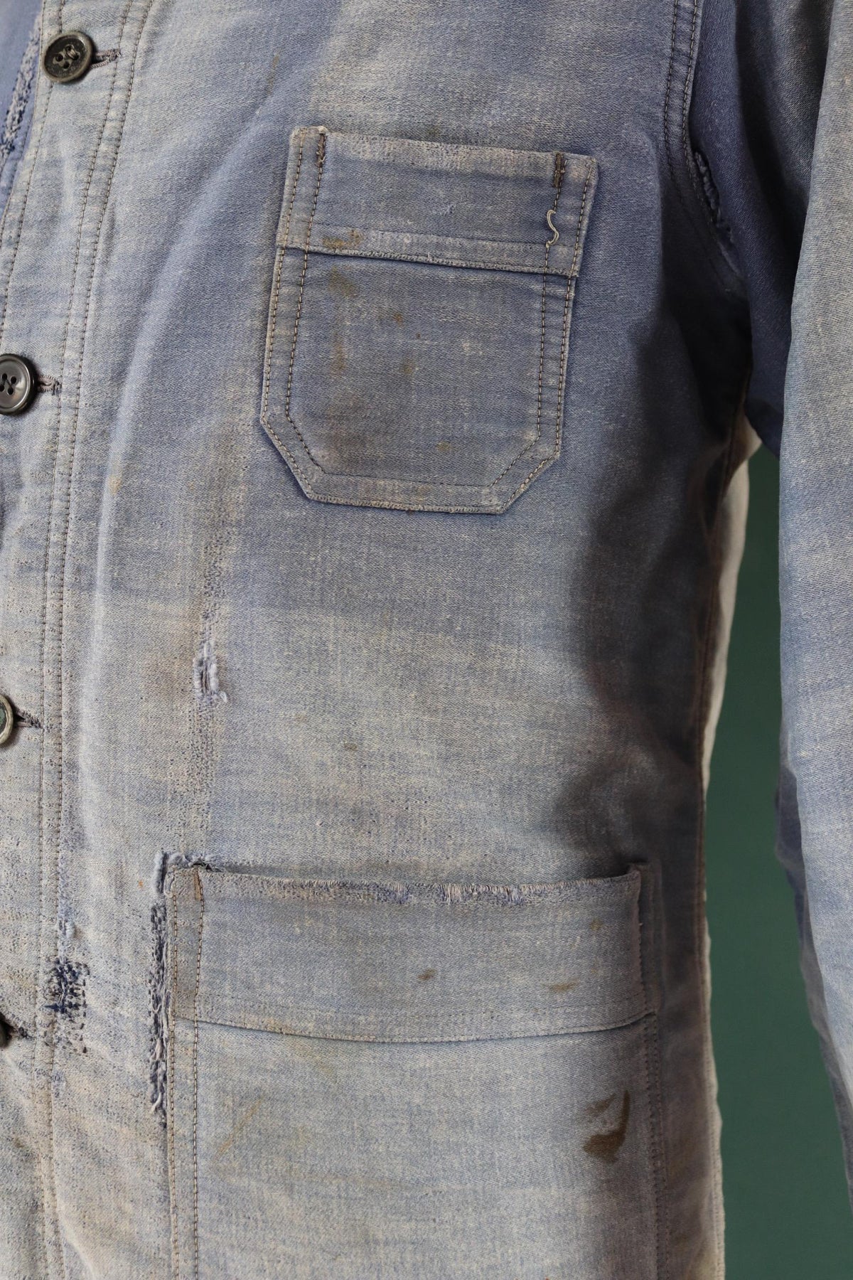 Vintage 1940s French blue moleskin workwear jacket - distressed chore coat - darned and repaired - 39" chest