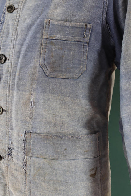 Vintage 1940s French blue moleskin workwear jacket - distressed chore coat - darned and repaired - 39" chest