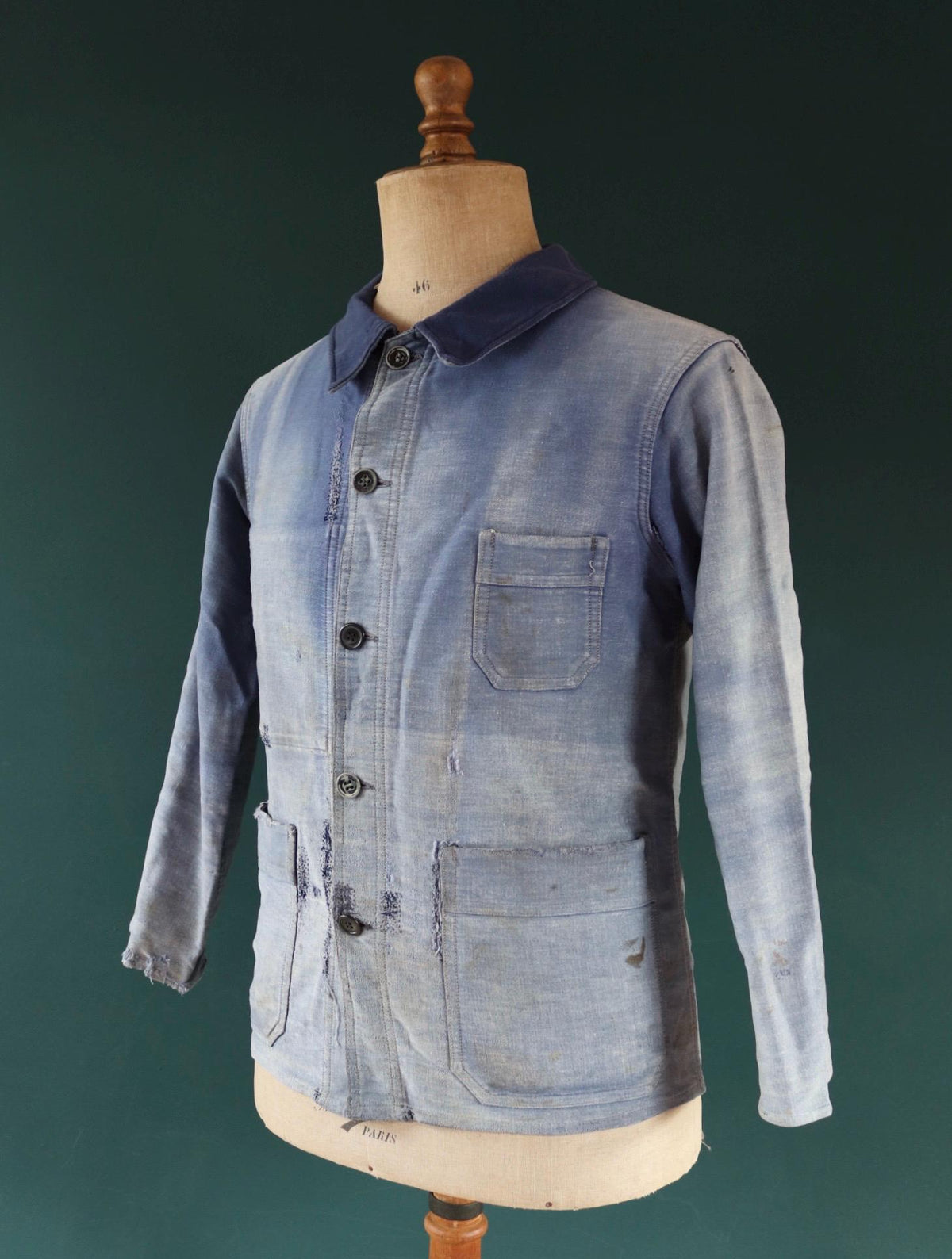 Vintage 1940s French blue moleskin workwear jacket - distressed chore coat - darned and repaired - 39" chest
