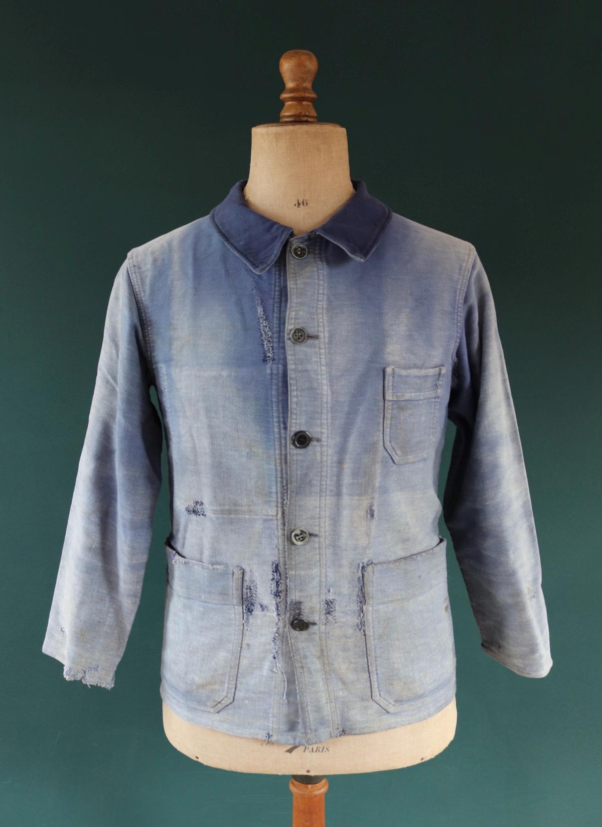 Vintage 1940s French blue moleskin workwear jacket - distressed chore coat - darned and repaired - 39" chest