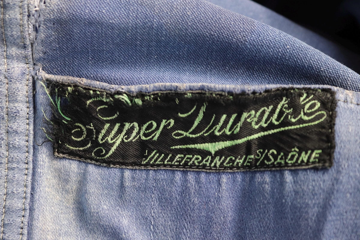 Vintage 1940s French blue moleskin workwear jacket - distressed chore coat - darned and repaired - 39" chest
