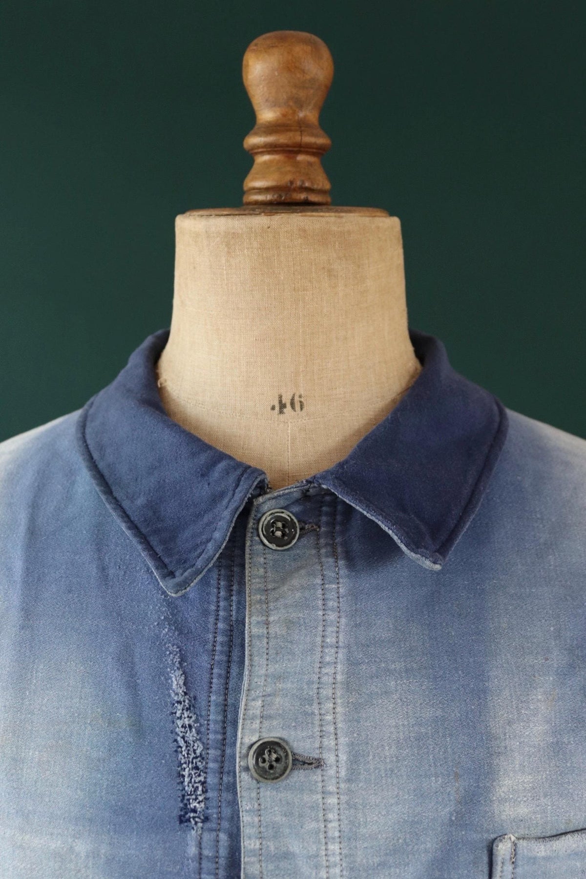 Vintage 1940s French blue moleskin workwear jacket - distressed chore coat - darned and repaired - 39" chest