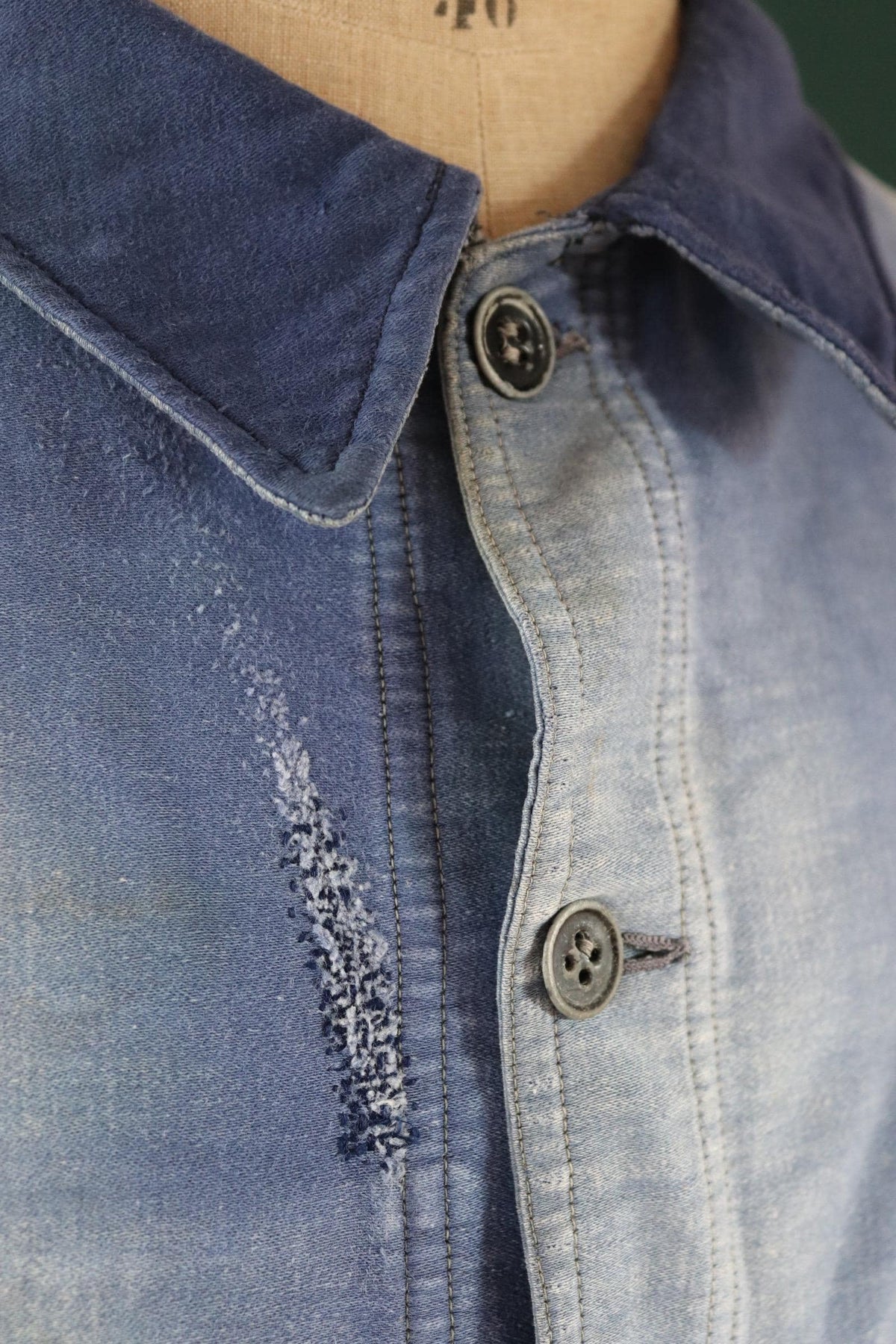 Vintage 1940s French blue moleskin workwear jacket - distressed chore coat - darned and repaired - 39" chest