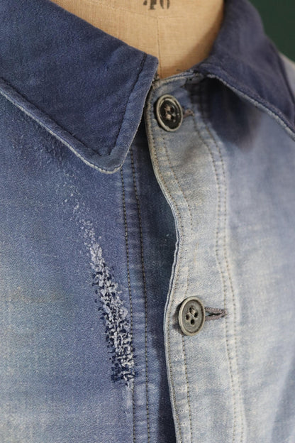 Vintage 1940s French blue moleskin workwear jacket - distressed chore coat - darned and repaired - 39" chest